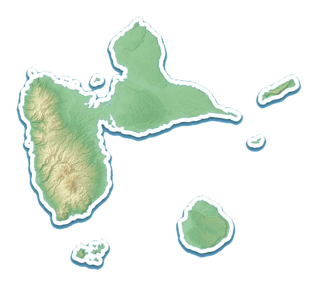 Carte en relief de l'archipel de la Guadeloupe : Basse-Terre, Grande-Terre, Marie-Galante, les Saintes, la Désirade